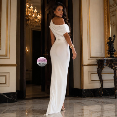 Long white asymmetrical dress with one shoulder and draped waist