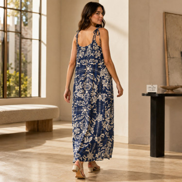Dark blue free-falling maxi dress Caroline in 100% viscose
