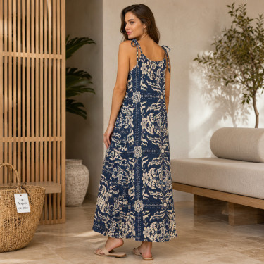 Dark blue free-falling maxi dress Caroline in 100% viscose