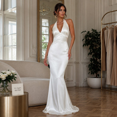 Long satin evening dress EYYO Atelier with halter neckline