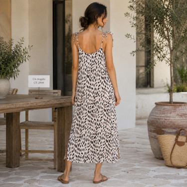 Caroline long summer dress in ecru satin with shoulder ties