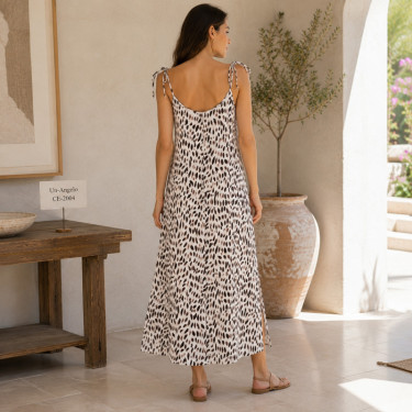 Caroline long summer dress in ecru satin with shoulder ties