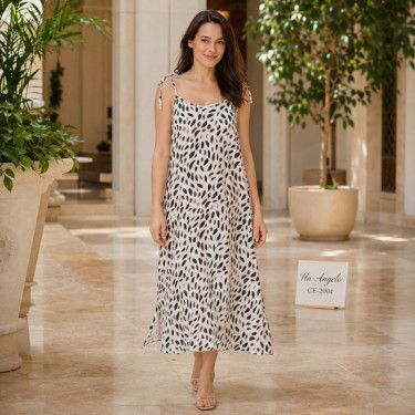 Caroline long summer dress in ecru satin with shoulder ties