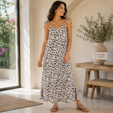 Caroline long summer dress in ecru satin with shoulder ties