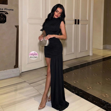 EYYO Atelier Black Asymmetric Mini Dress with Half Collar, Side Gathering and Long Panel