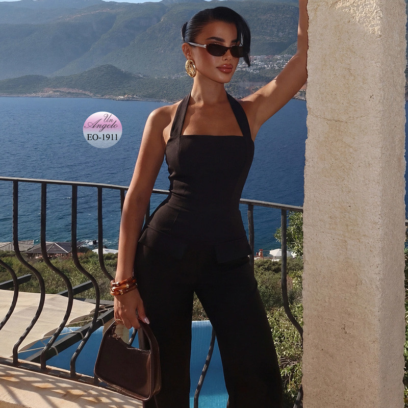Black two-piece set with halter top and long wide pants