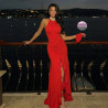 Long halter dress with a bare back and a deep front slit
