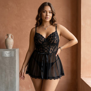 Black Babydoll set XXL with lace nightgown and thong