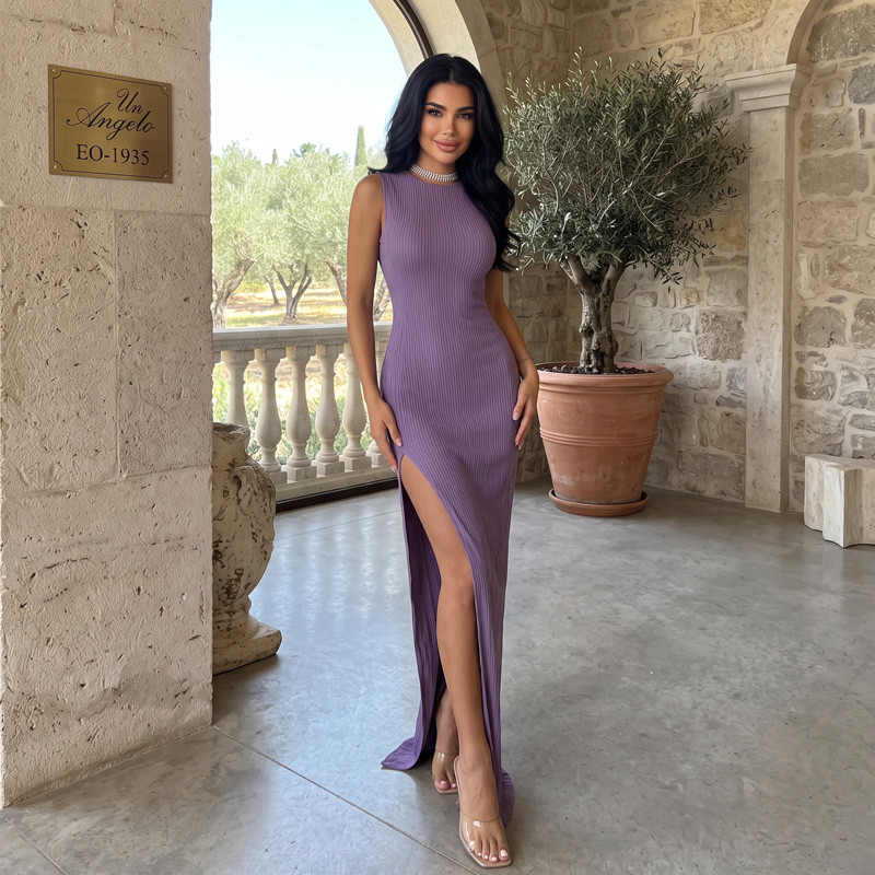 Long purple bodycon dress with deep side slit