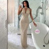 Long fitted halter dress with bare back in black and beige