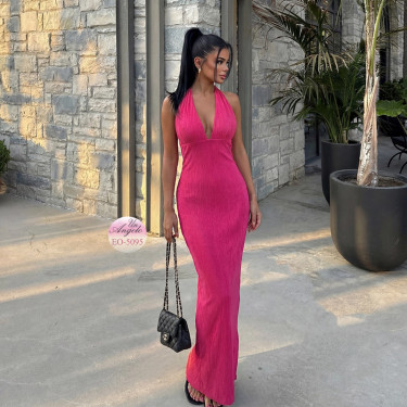 Long fitted halter dress with bare back