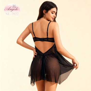 Черен прозрачен Babydoll NightLight с отворен бюст, сатенени панделки и регулируеми презрамки