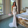 Long formal dress in satin and lace with one shoulder and cutout back