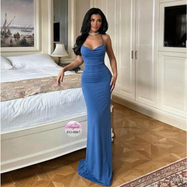 Long blue halter dress with bare back and ties at the neck and back