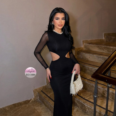 Дълга черна рокля EYYO Atelier с cut-out талия и тюлени дълги ръкави