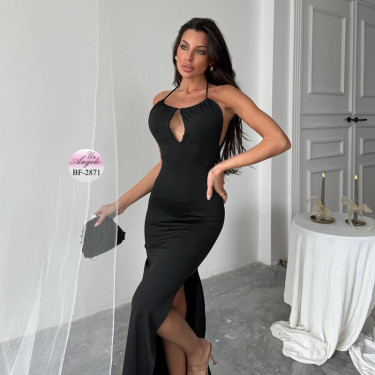 Дълга черна вечерна рокля Big Fashion халтер с гол гръб и странична цепка