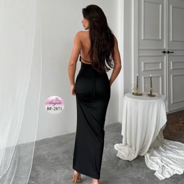 Дълга черна вечерна рокля Big Fashion халтер с гол гръб и странична цепка