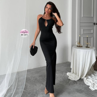 Дълга черна вечерна рокля Big Fashion халтер с гол гръб и странична цепка