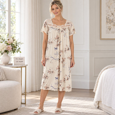 Colorful women's plus-size nightgown with short sleeves and a lace neckline