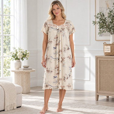 Colorful women's plus-size nightgown with short sleeves and a lace neckline