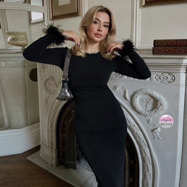 Дълга черна официална рокля EYYO с дълъг ръкав и пухени маншети